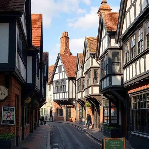 A charming street scene in Stratford-upon-Avon with Tudor-style buildings.
