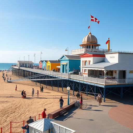 Brighton Beach with its iconic pier, colorful beach huts, and bustling atmosphere.