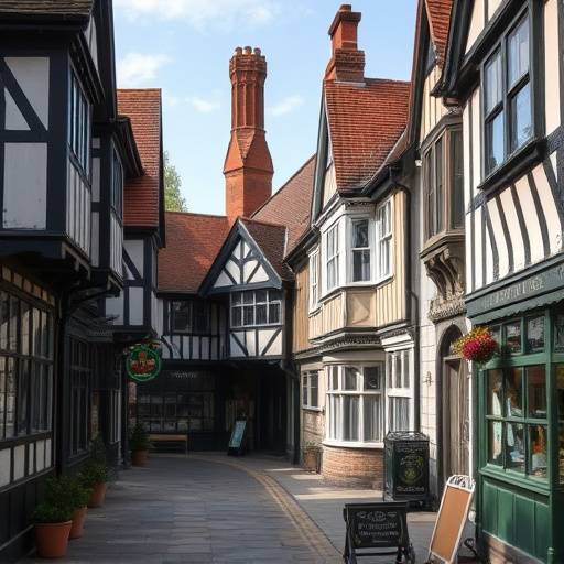 Charming street scene in Stratford-upon-Avon with traditional Tudor-style buildings.