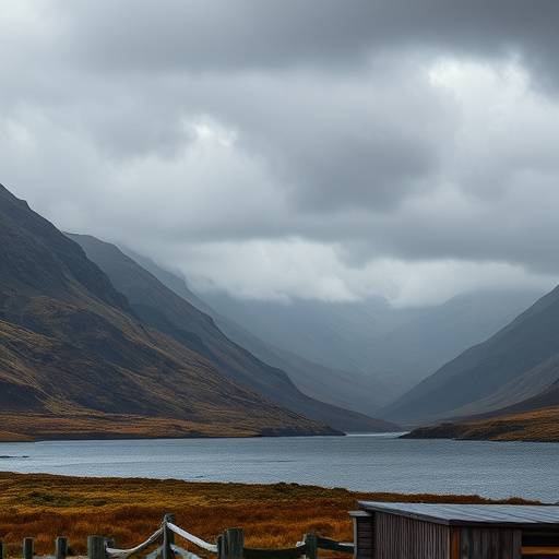 Dramatic mountain scenery in the Scottish Highlands with a loch in the foreground.