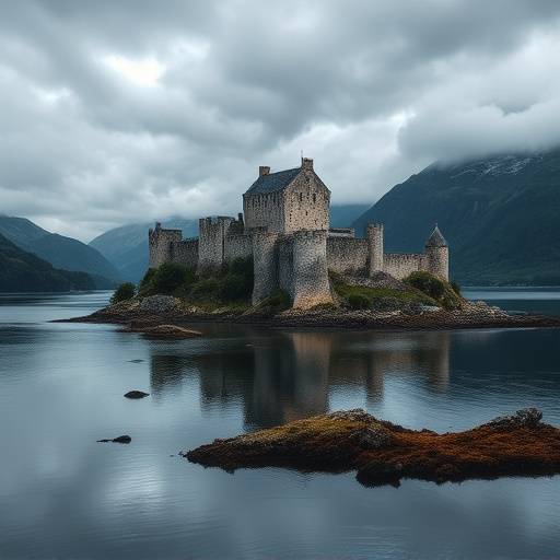 Eilean Donan Castle dramatically situated on an island at the meeting point of three sea lochs in the Scottish Highlands.