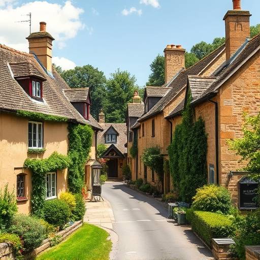 Picturesque village scene in the Cotswolds with honey-colored stone houses and lush greenery.
