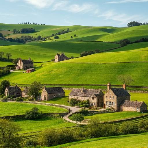 Rolling green hills and charming stone cottages in the Cotswolds region.