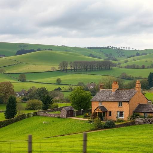Rolling green hills and traditional stone cottages in the picturesque Cotswolds countryside.